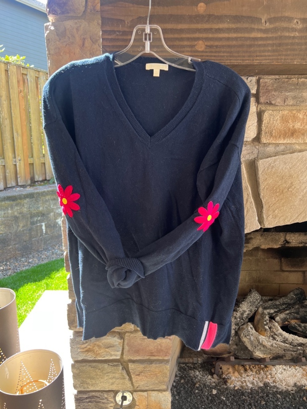 Lisa Todd Women’s Navy V-Neck Sweater with Pink Flower Accents Large